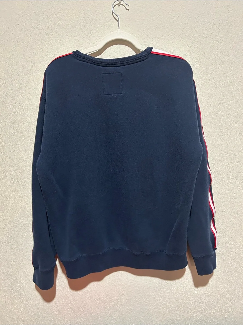 Hollister Navy Crewneck with Red & White Shoulder Stripes